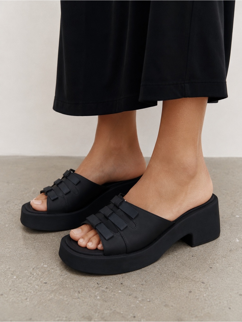 Zara Black Block Heeled Satín Sandals with Bow Detail